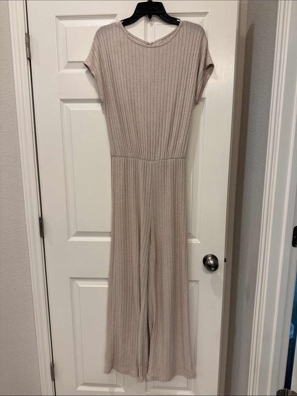 Ribbed Wide-Leg Jumpsuit in Beige